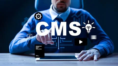 Using CMS tools for content management in a digital workspace setting Stock Photos