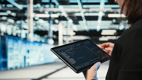Using coding application, tablet and programmer in data center Stock Photos