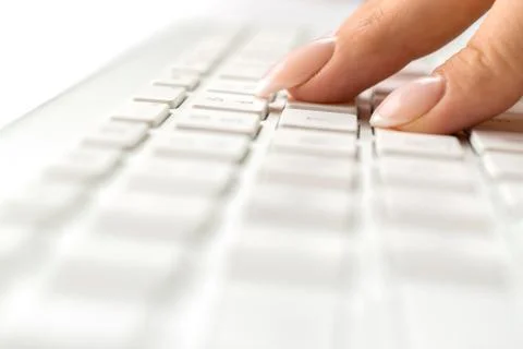 Using computer. Female online work female. Hand typing on desktop office comp Stock Photos