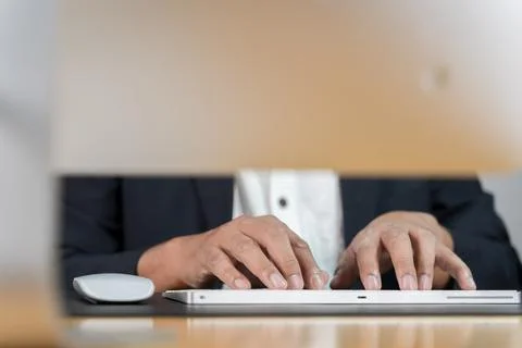 Using computer, hand typing message on keyboard laptop chatting friend and .. 스톡 사진