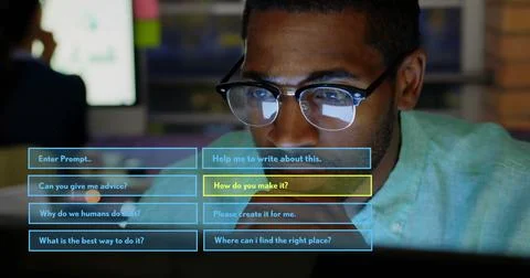 Using computer, man interacting with artificial intelligence interface for Foto stock