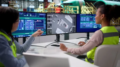 Using Computer Technology For Aerospace Manufacturing Stock Footage 329305235