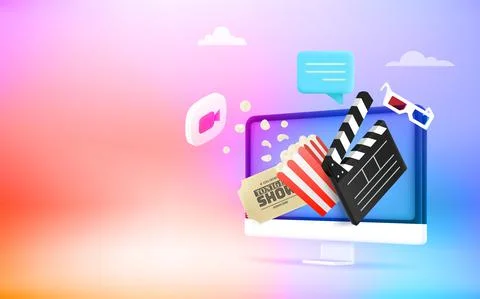Using computer for watching movies. 3d vector vertical banner with copy space Stock Illustration