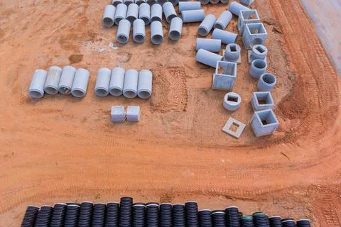 Using concrete pipes to construct drainage systems and large cement sewer pipes Stock Photos