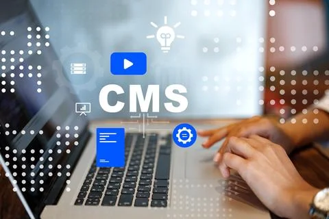 Using a content management system on a laptop in an office setting for digital Illustrazione stock