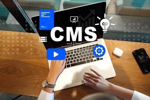 Using a content management system on a laptop during work hours in an office Stock Photos