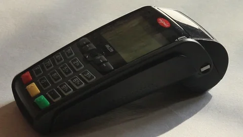 Using credit card terminal for payment Stock Footage 97382763