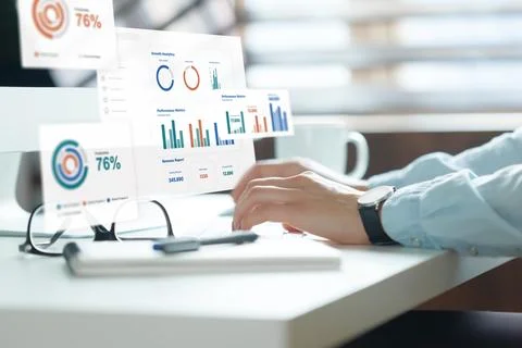 Using crm software for data analysis and performance tracking in an office .. Stock Photos