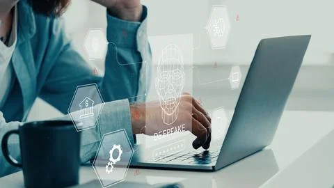 Using deep fake technology on a laptop while thinking about the implications of Stock Photos