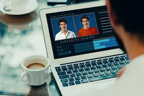 Using deep fake technology on a laptop while editing videos in a modern Stock Photos