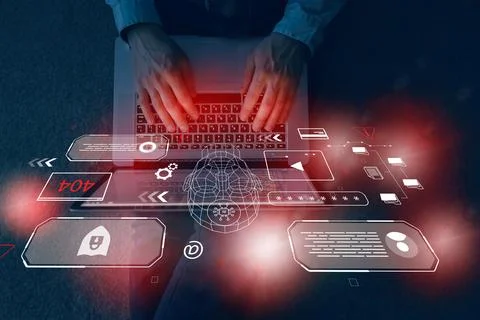 Using deepfake technology on a laptop with digital overlays and data Stock Photos