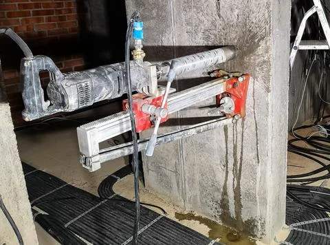 Using a diamond drill on a wall-mounted machine, a hole is drilled in monolithic Stock Photos