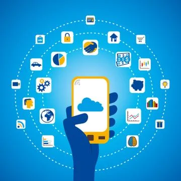 Using different application in mobile concept vector Ilustración de archivo