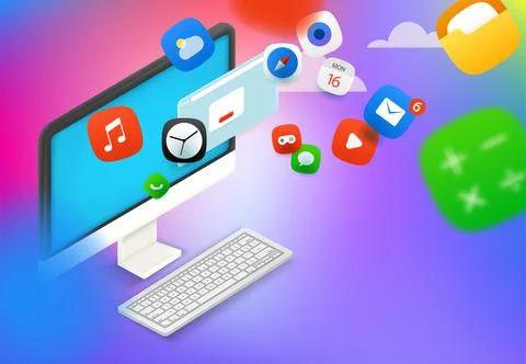 Using different internet applications via modern pc. Vector concept Stock Illustration