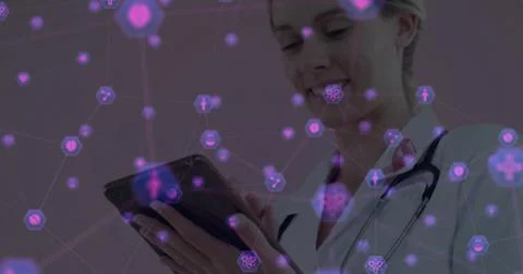 Using digital medical interface on tablet, healthcare professional smiling 스톡 일러스트