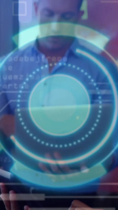 Using digital tablet, diverse professionals analyzing futuristic data in office Stock Footage 319728086