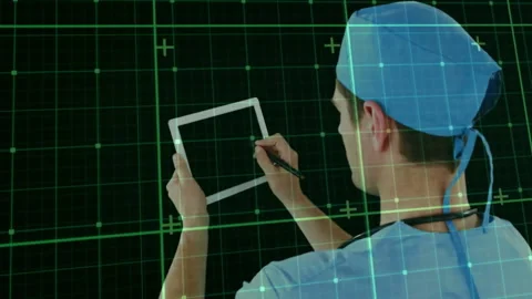 Using digital tablet, medical professional analyzing data over grid pattern Stock Footage 305009826