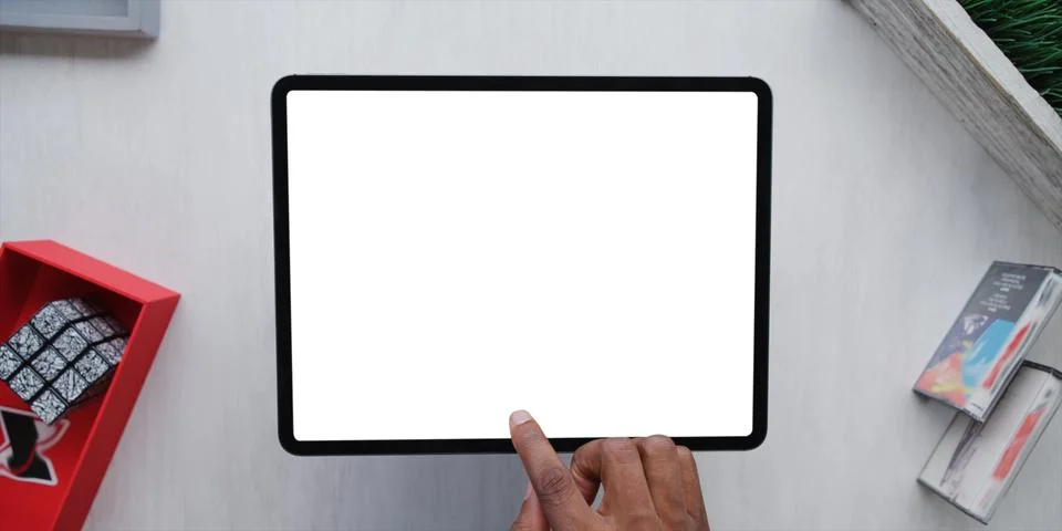 Using digital touchscreen tablet with stylus pen and smart keyboard Stock Photos