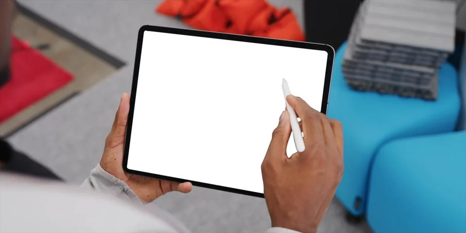 Using digital touchscreen tablet with stylus pen and smart keyboard Stock Photos