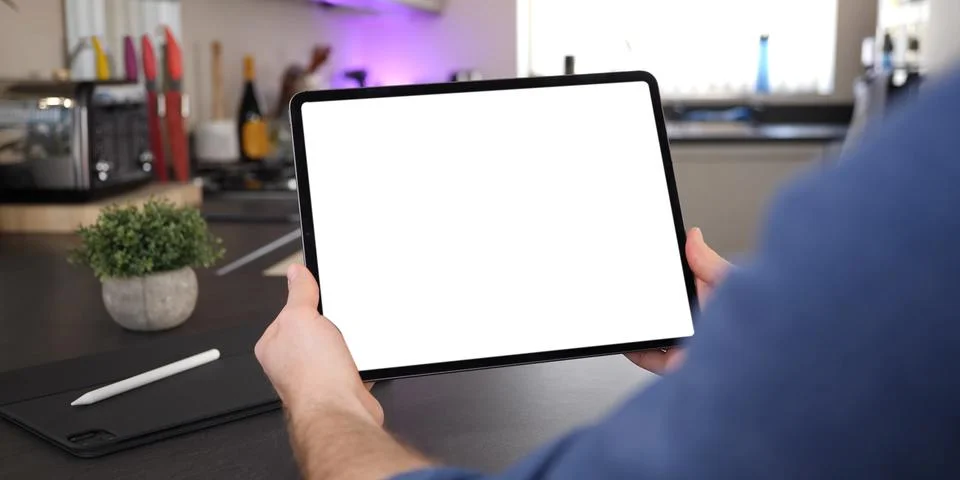 Using digital touchscreen tablet with stylus pen and smart keyboard Stock Photos