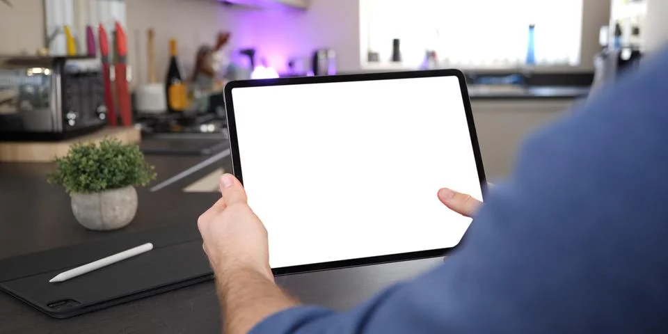 Using digital touchscreen tablet with stylus pen and smart keyboard Stock Photos