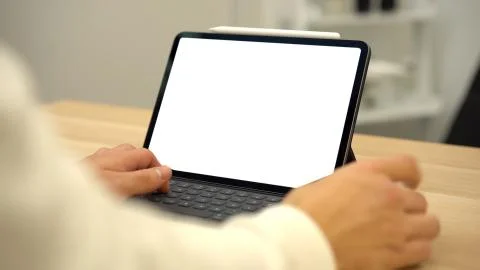 Using digital touchscreen tablet with stylus pen and smart keyboard Stock Photos