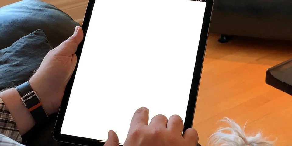 Using digital touchscreen tablet with stylus pen and smart keyboard Stock Photos