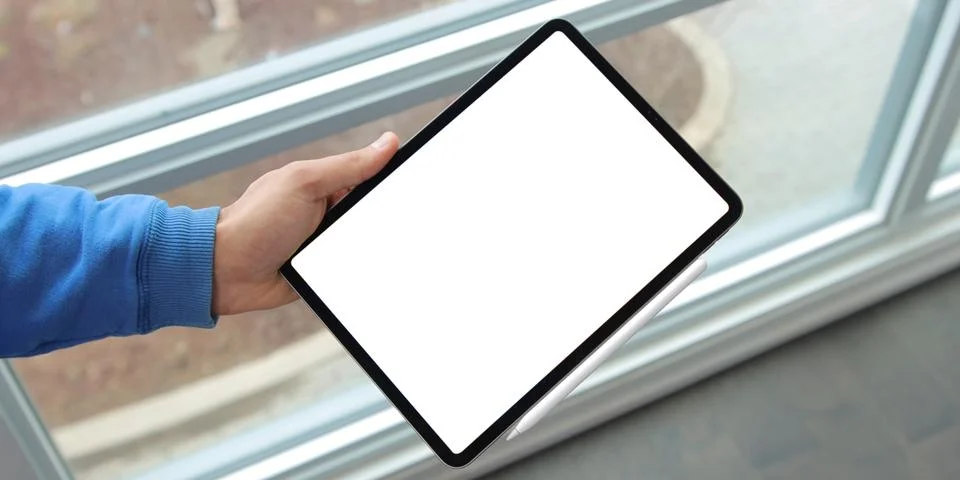 Using digital touchscreen tablet with stylus pen and smart keyboard Stock Photos