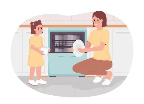 Using dishwasher to save water 2D vector isolated spot illustration Stock Illustration