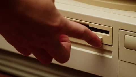 Using diskette for old computer. Music recorder, playing retro computer games 스톡 동영상 206427086