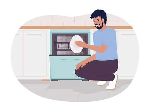 Using energy efficient dishwasher 2D vector isolated spot illustration Stock Illustration