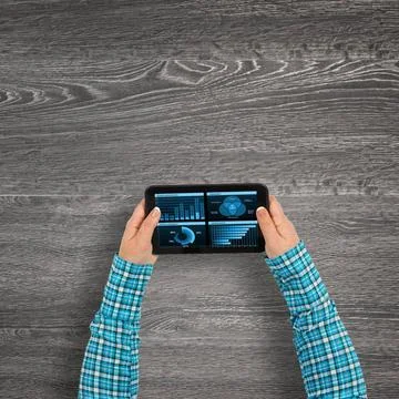 Using financial application Top view of girl hands using tablet pc with di... 스톡 사진