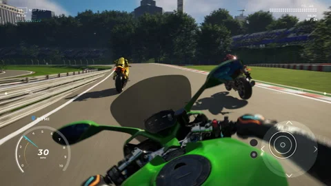 Using a first-person pov from a quick green motorbike in a pc racing game Stock Footage 289005070