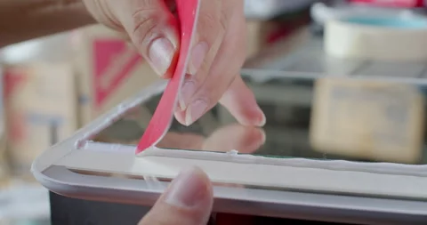 Using a flat plastic tool to press and spread silicone glue evenly along. Stock Footage 312312014