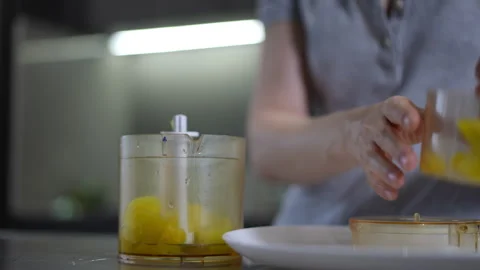 Using  Food Processor for Chopping Fresh Ingredients Effortlessly and Efficienty Stock Footage 301436951