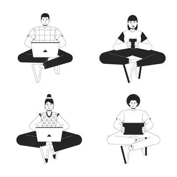 Using gadgets in everyday life bw vector spot illustration set 스톡 일러스트