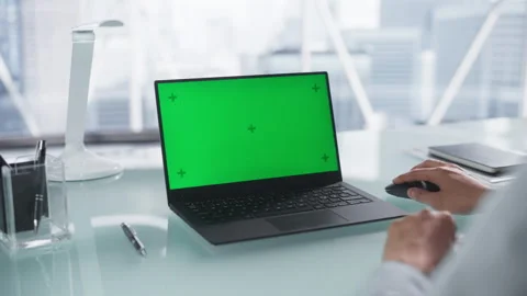 Using Green Screen Laptop Computer in Of... | Stock Video | Pond5