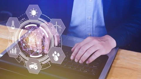 Using hand pressing with infographics Smart farming and precision agricultu.. Stock Photos