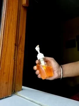 Using of hand sanitizer and soap to protect from corona virus. Stock Photos