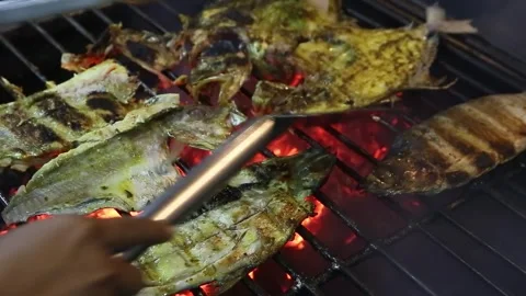 Using a handheld camera for the grilling process of grilled fish Stock Footage 267681607