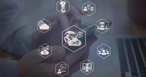 Using hands with white shirt cuff tapping phone on office desk, laptop keys and Stock Photos