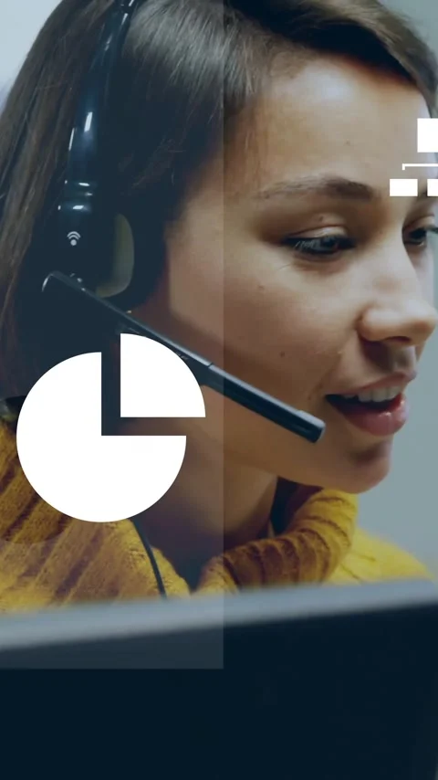Using headset, customer service representative with animation of data analytics Stock Footage 319617065