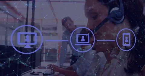 Using headset, customer service representative assisting on computer in modern Stock Illustration