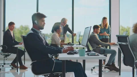 Using headset for phone call to client Video stock 168274603