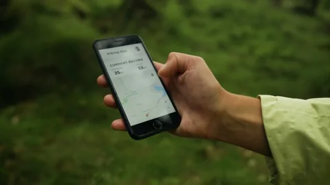 Using a hiking app in a german forest Stock Footage 143466191
