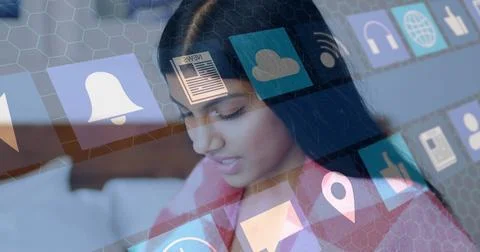 Using image, woman interacting with digital interface and app icons floating Foto stock