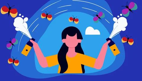 The Using insecticide spray to control pests, woman holding two bottles of .. Illustrazione stock