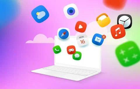 Using internet application via laptop. Vector concept Stock Illustration