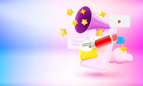 Using internet social media via mobile phone concept. 3d vector banner with.. Stock Illustration