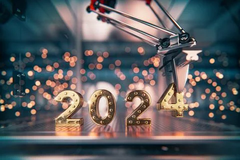 Using its 3-axis arm, the robot meticulously arranges the 2024 inscription... Stock Illustration